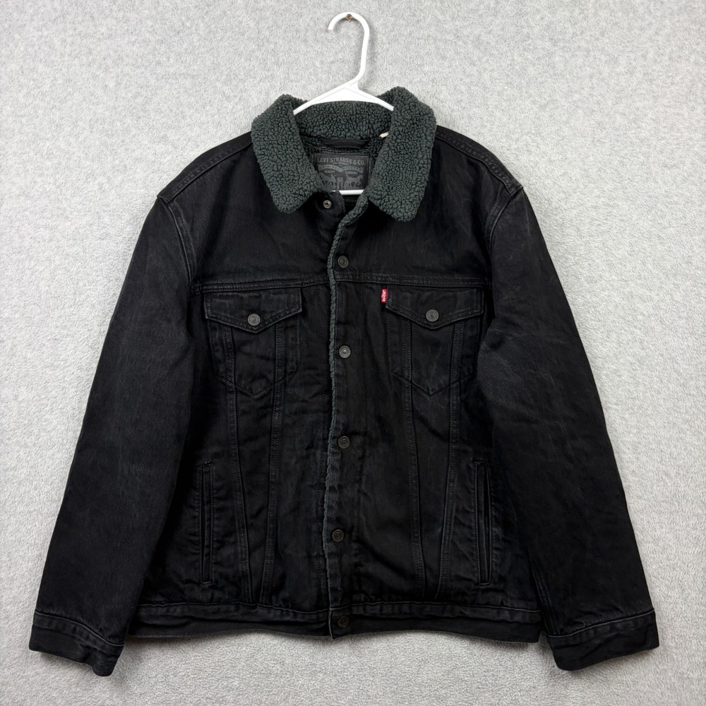 Levis Jacket Mens XL Black Denim Snap Front Sherpa Pile Lined Trucker Type 3